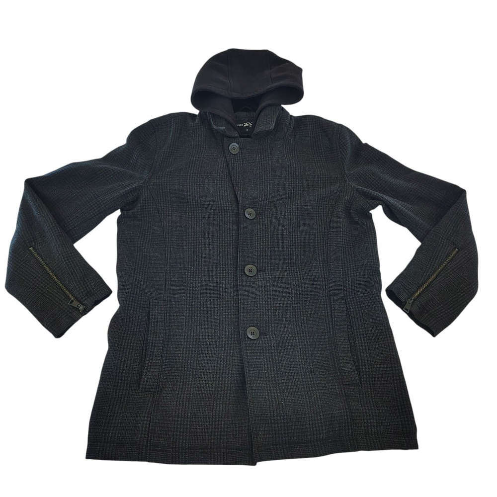 Black‎ Rivet Jacket Men's Medium Full Zip Wool Blend Black Removable Hood Coat